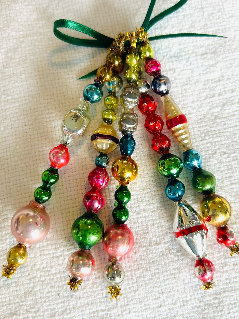 Mini Vintage Repurposed  holiday Christmas ornaments, mercury Glass bead icicle